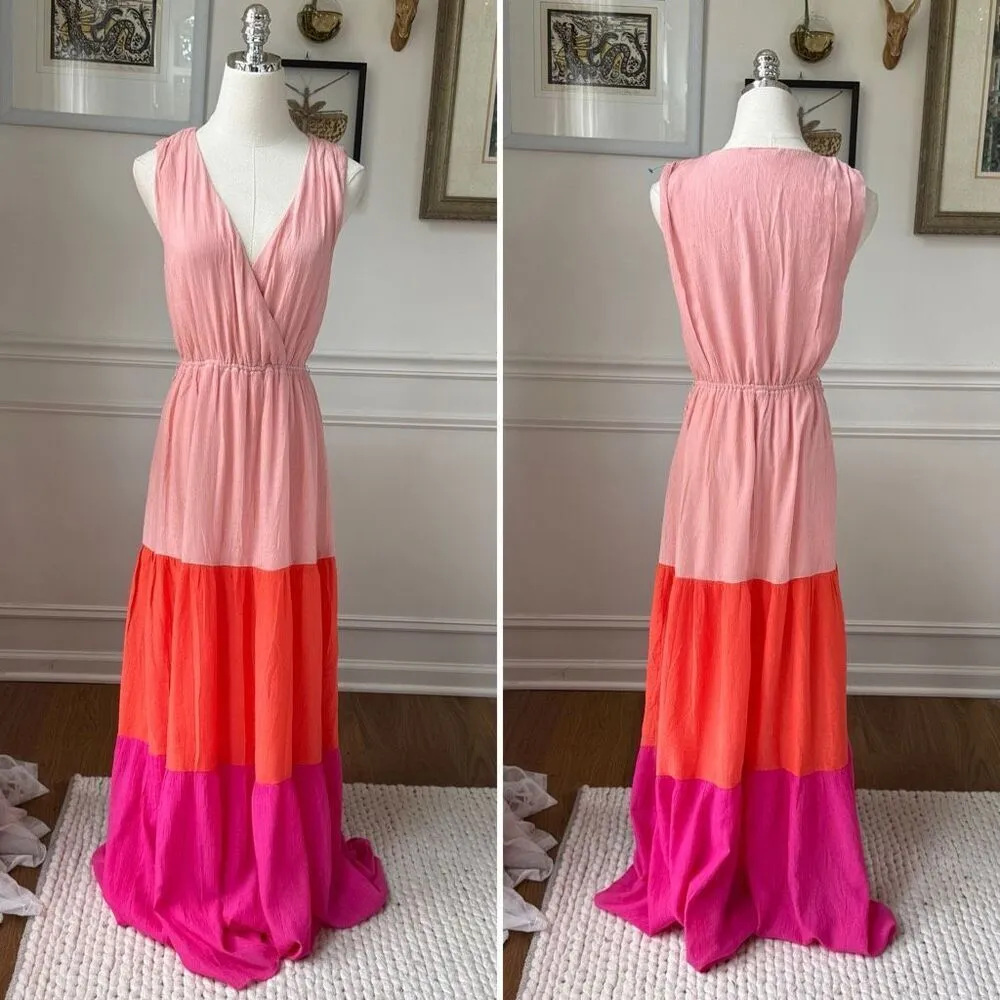 Aura Women's Sleeveless Colorblock Crinkle Maxi Dress Salmon Orange Fuchsia $160 - Image 2
