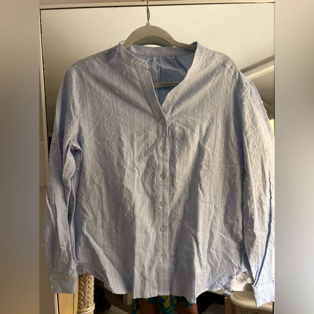 NEW Long Sleeve Shirt Embroidered Eyelet Button Down Career 100% Cotton Top S Blue - Image 3