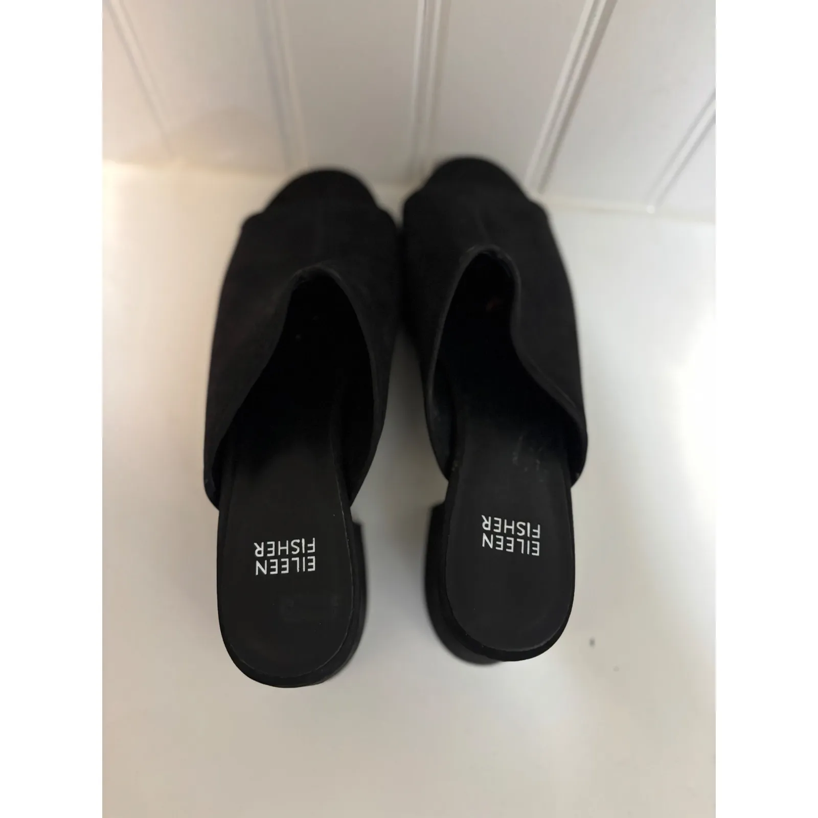 Eileen Fisher Black Suede Block Heel‎ Mules Open Toe Slip On Women's Shoes - Image 4