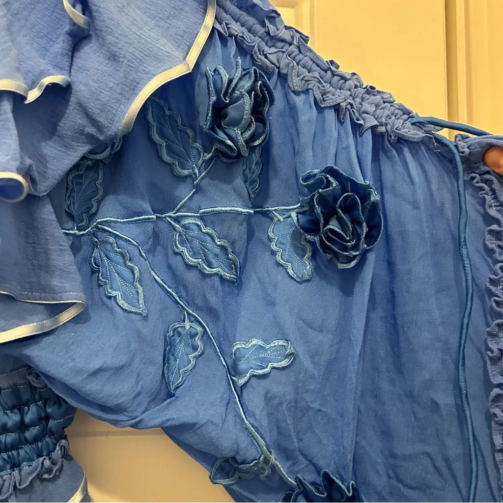 Free People x Fillyboo Lotus Ruffles Buttondown Ribbon Trim Mini Dress Tunic Blue Size XS - Image 8