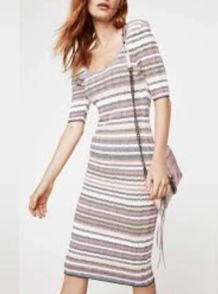 Rebecca Minkoff Multi Stripes Midi Dress Scoop Rib Knit Neck Size Medium - Image 5