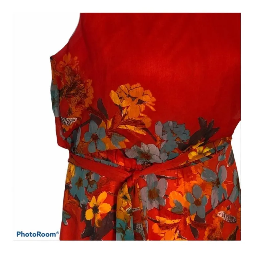 MSK Red Floral Blouson Belted Maxi Dress Ankle Length Sleeveless Size 8 - Image 8