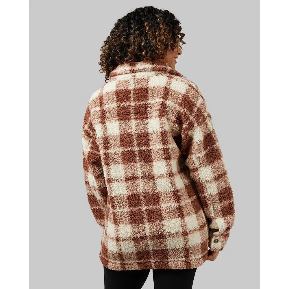 32 Degrees Ladies' Cozy Sherpa Shirt Jacket Plaid Brown Cream - Image 2