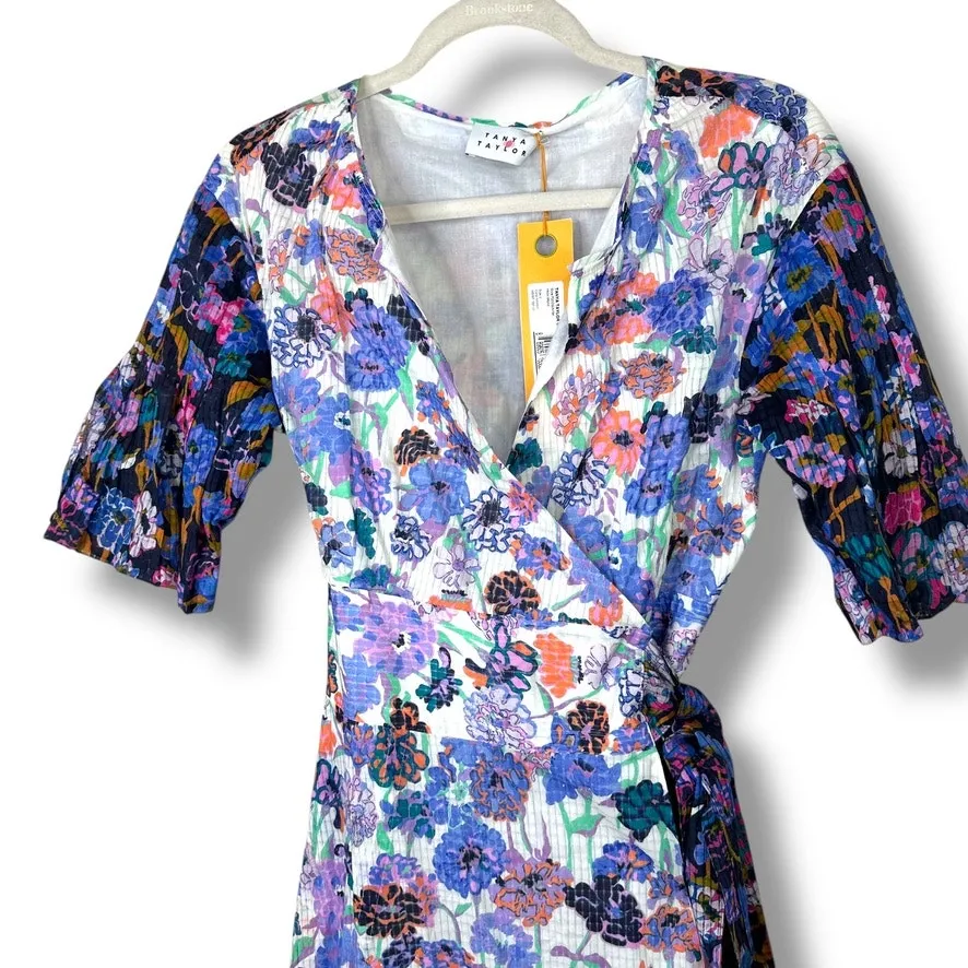 Tanya Taylor NWT Frida Tie Waist Cotton Mixed Meadow Blue Floral Wrap Midi Dress - Image 5