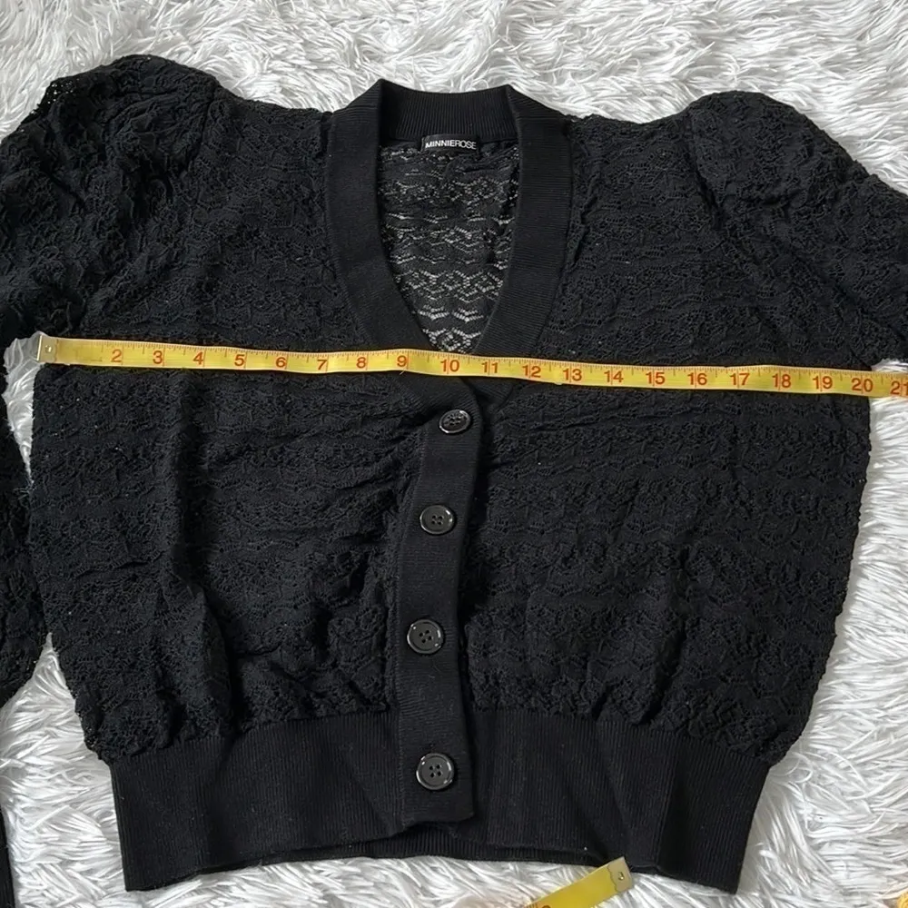 Minnie rose Women’s Puff-sleeve Open-weave button down Cardigan in Black S/M - Image 7