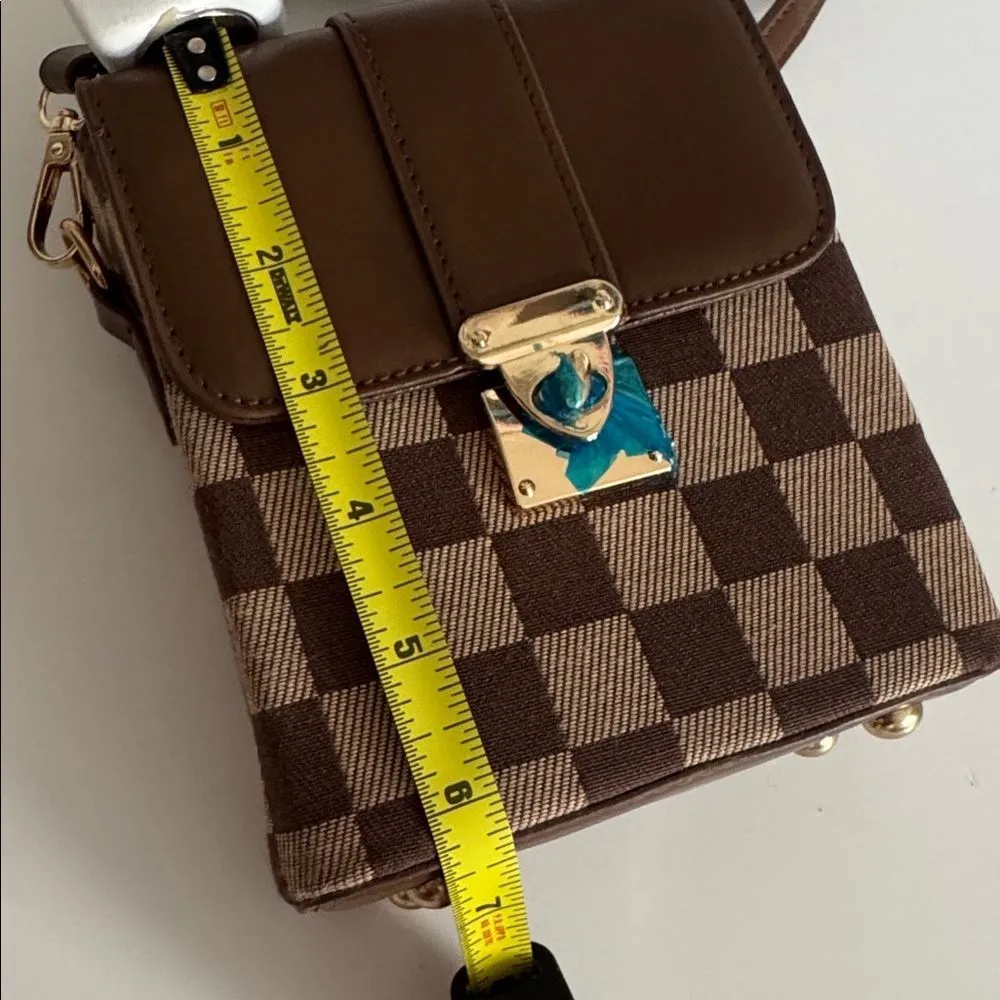 Elegant Brown Checkered Crossbody Bag NWT Brown - Image 5