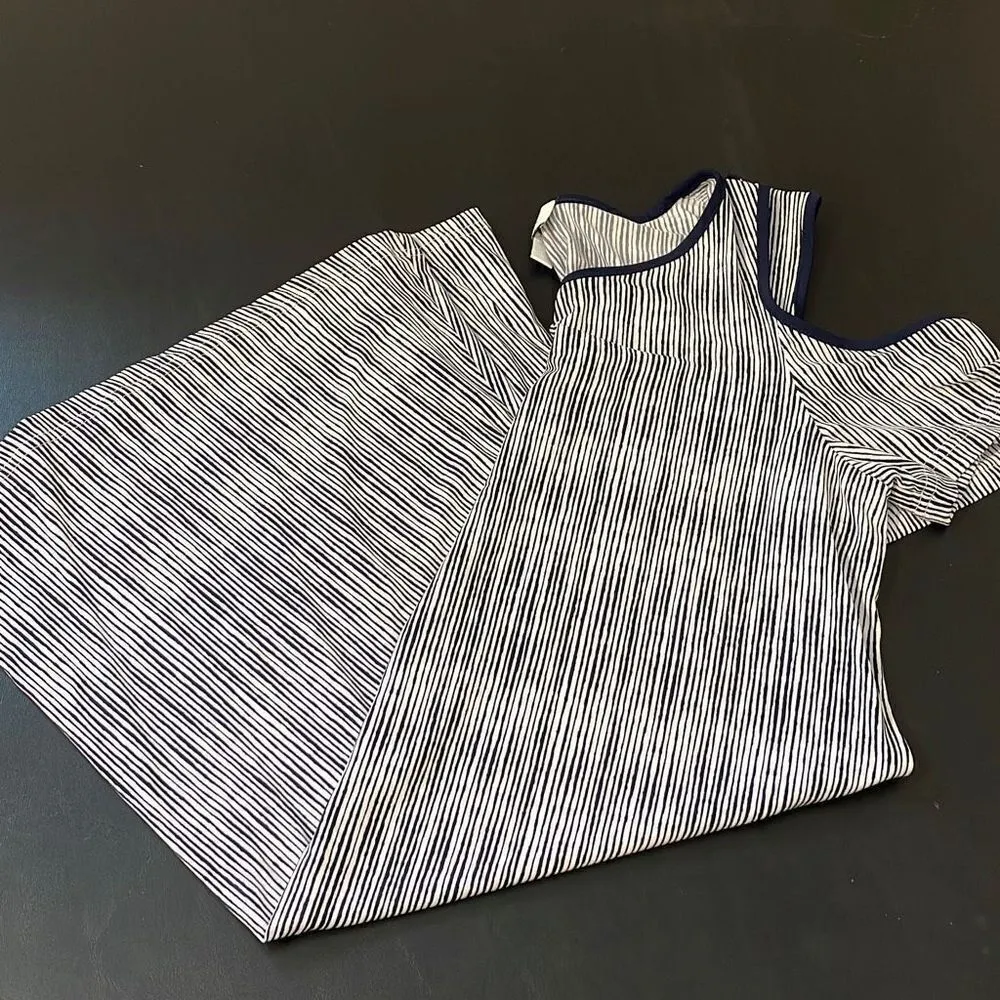 ELLE Women's Shift Dress Cold Shoulder Short Sleeve Striped Midi Large Navy Blue - Image 10