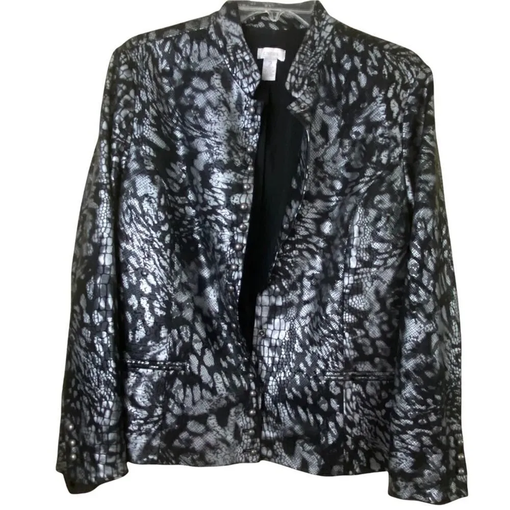 Chico’s Black Silver Metallic Snake Print Snap Button Down Jacket Size Medium 2 - Image 2