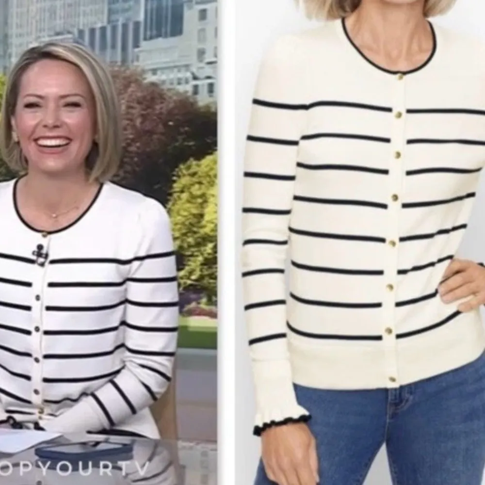 Talbots Black Ivory Striped Cardigan Puff Sleeve Sweater Size M Prep Careerwear​ - Image 2