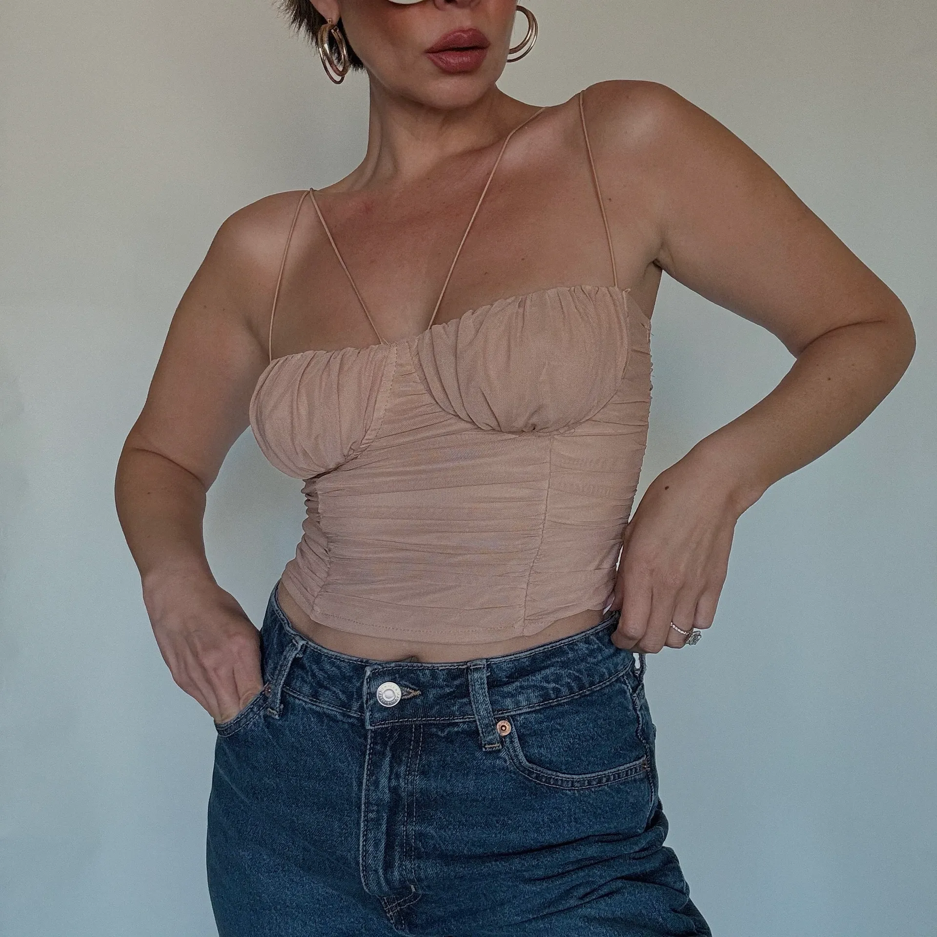 Mesh Ruched Corset Crop Top Tan Size M - Image 3