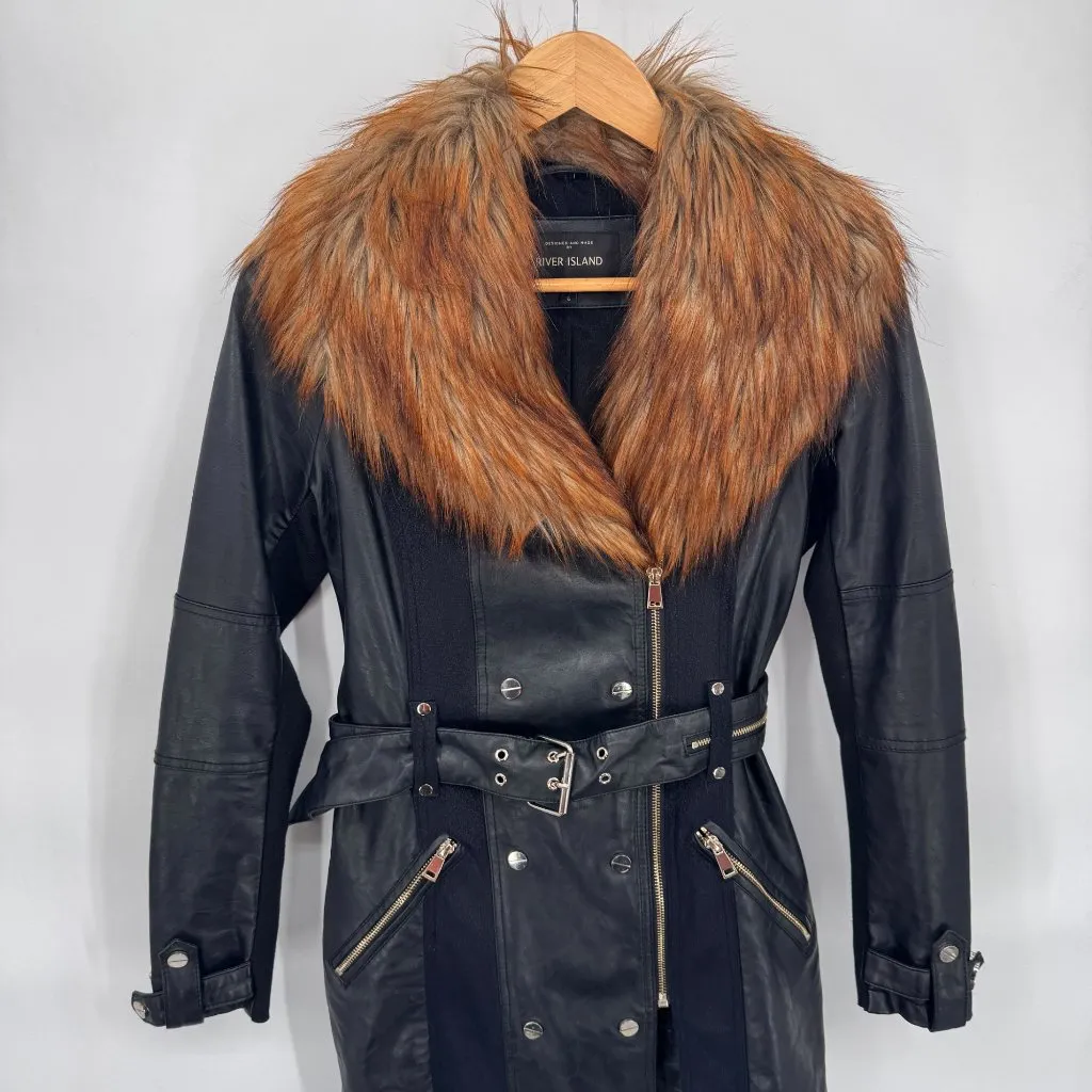 River Island Moto Jacket Womens 6 Black Faux Leather‎ Faux Fur Trim Belt Pockets - Image 2