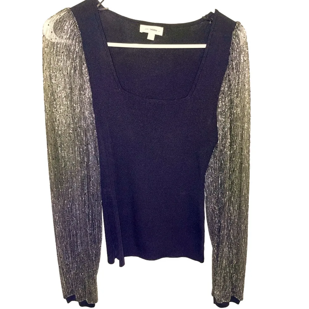 eesome Ribbed Knit Top Women’s Small Black Mesh Sheer Sleeves Fitted Square Neck - Image 7