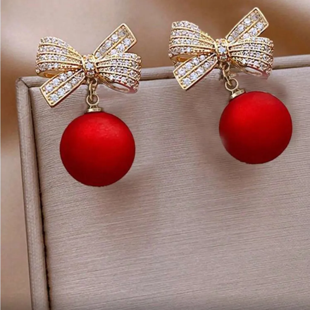 Red and Gold Bow Ornament Earrings - Image 2