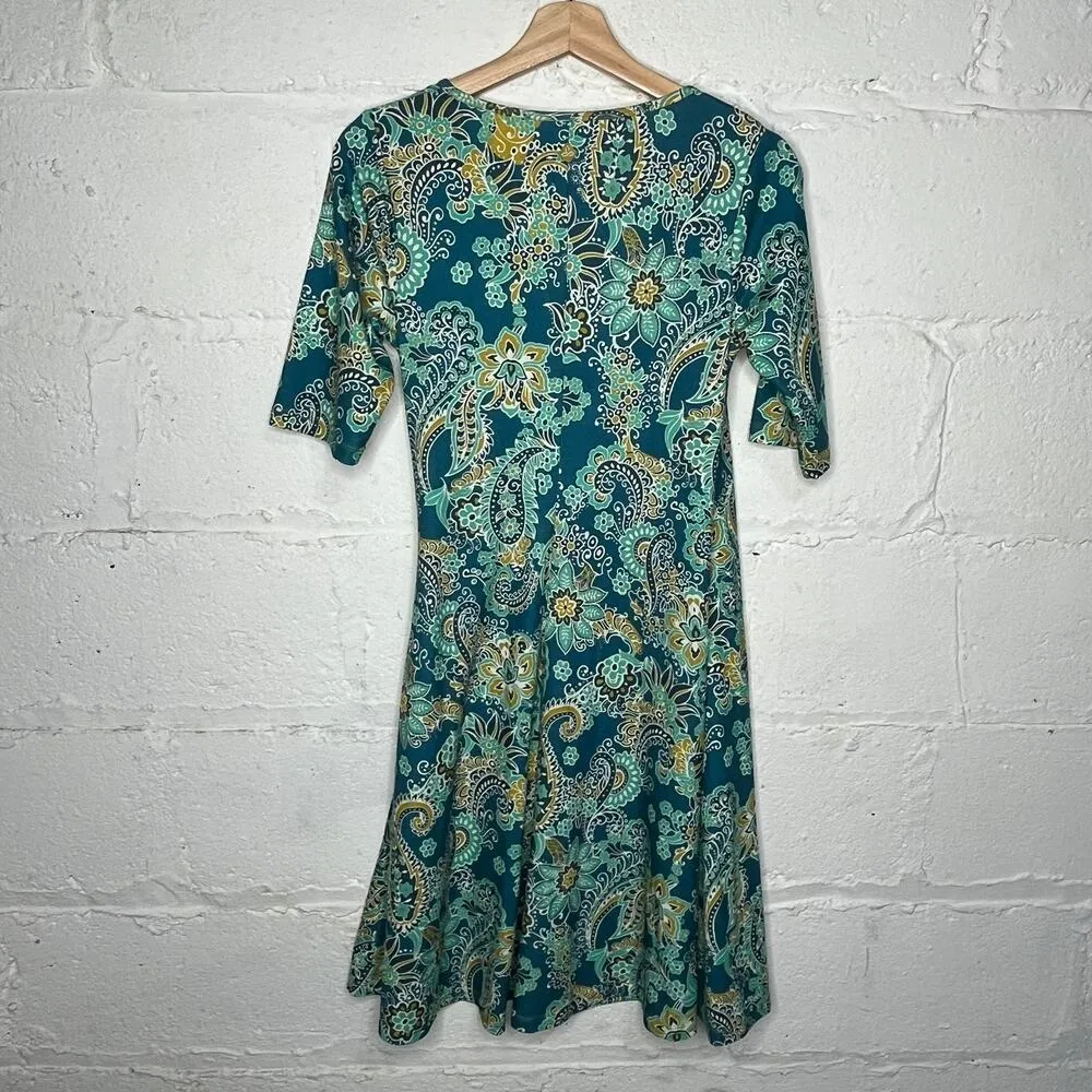 Prana Women's Teal Paisley Floral Wrap Surplice Short Sleeve Dress Size Medium - Image 3
