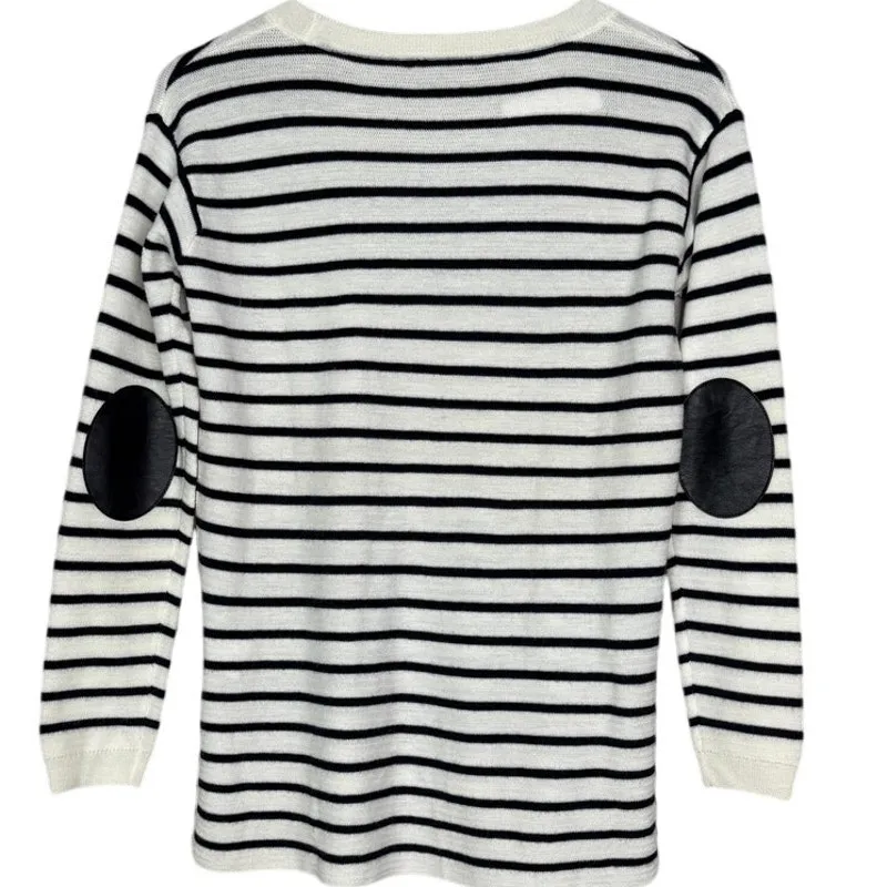 J. Crew Striped Leather Panel Wool Knit Long Sleeve Sweater XS Black Cream #4247 - Image 6