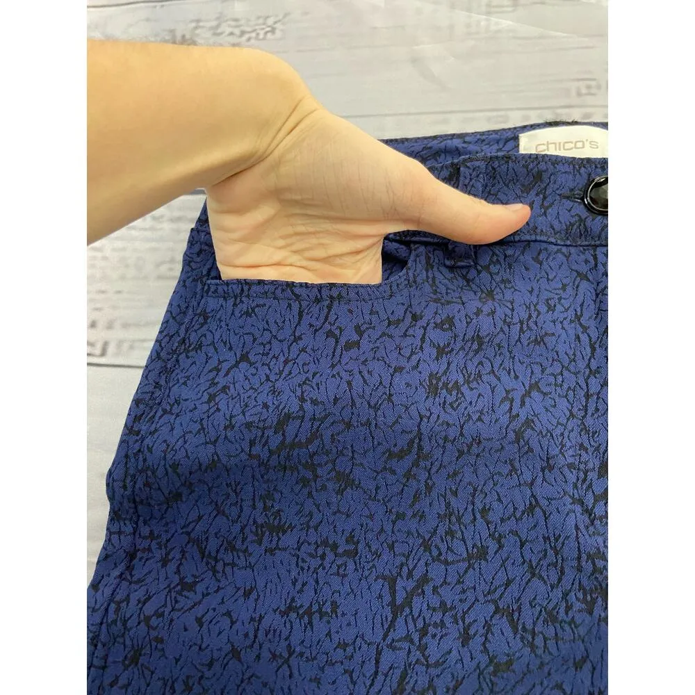 Chicos 0.5 Slim Ankle Pants Womens S 6 Blue Floral Jacquard Jewel Button Stretch - Image 2