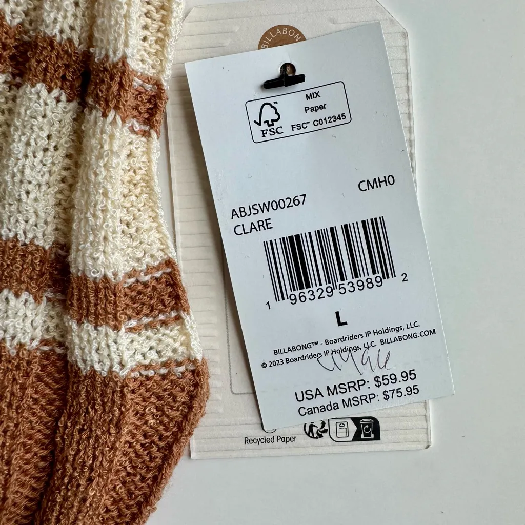 Billabong Clare Crewneck Brown and Cream Striped Sweater Size L NWT - Image 10