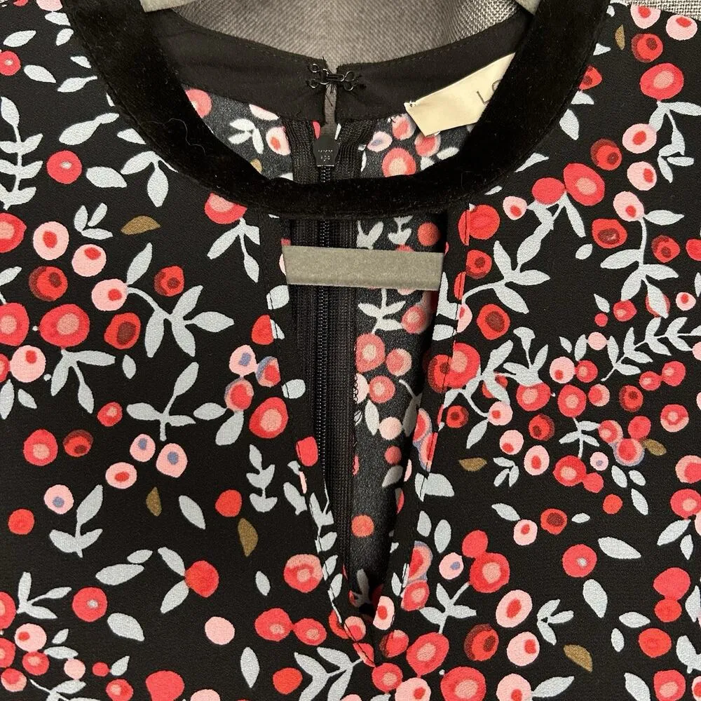 LOFT Dress Womens Size Small Velvet Trim Long Sleeve Keyhole Floral Cherry Berry - Image 5