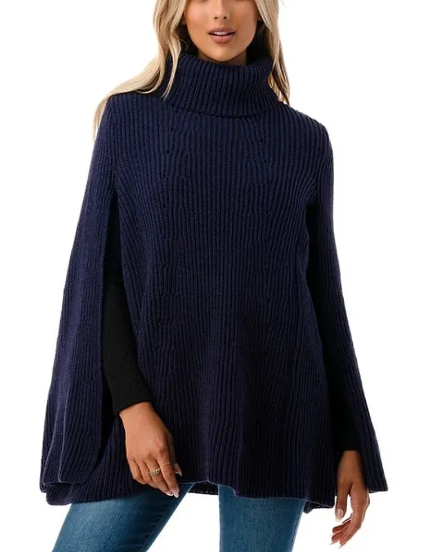 Marcus Adler The Everlee Topper Navy Turtleneck Knit Poncho Sweater One - Image 1