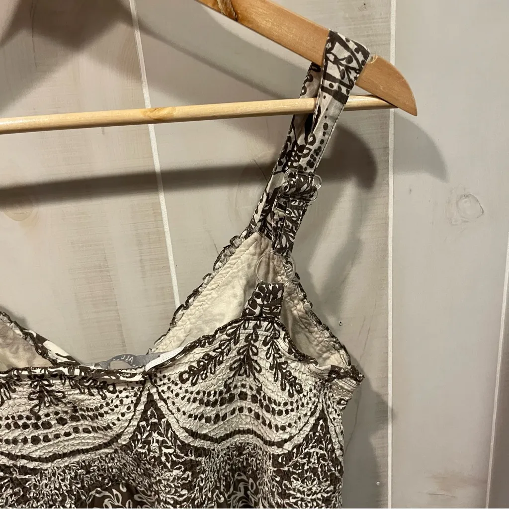 Cute vintage Y2K creamy soft floral leaves smocked babydoll ruffle midi dress Brown Size L - Image 13