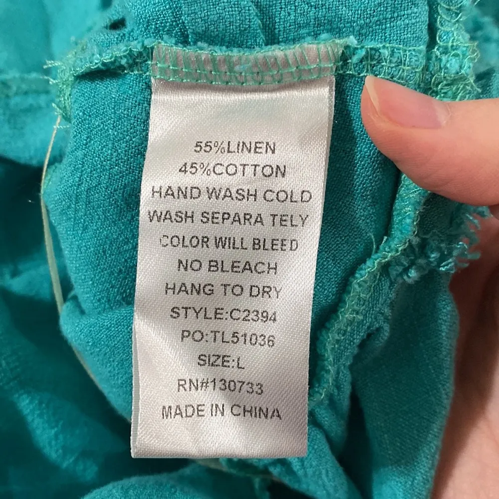 Umgee teal high low ruffled scoop ruffle fringe high low hem linen blend tank L - Image 10