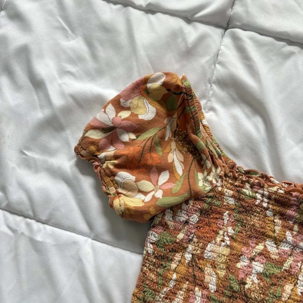 Aerie Smocked Orange Floral Square Neck Puff Sleeve Cropped Top Blouse Womens S - Image 2