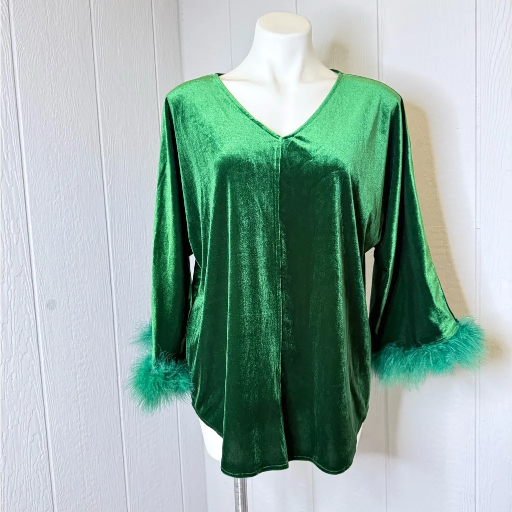 Emerald Velvet Tunic with Feather Trim Green Size L - Image 2