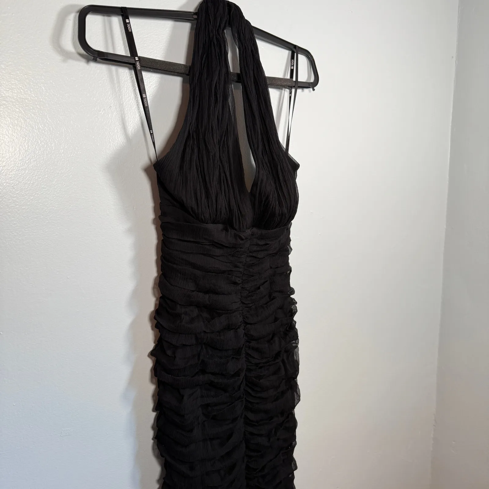 Vintage 90s Tadashi Silk Ruched Halter Dress Black Bodycon Midi Cocktail Formal - Image 3