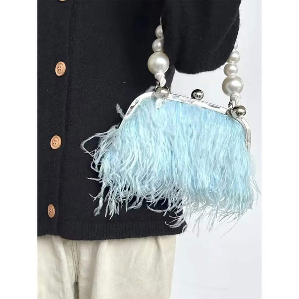 ⚡Women's Fluffy Ostrich Feather Pearl Banquet Evening Light Blue Clutch Bag - Image 2