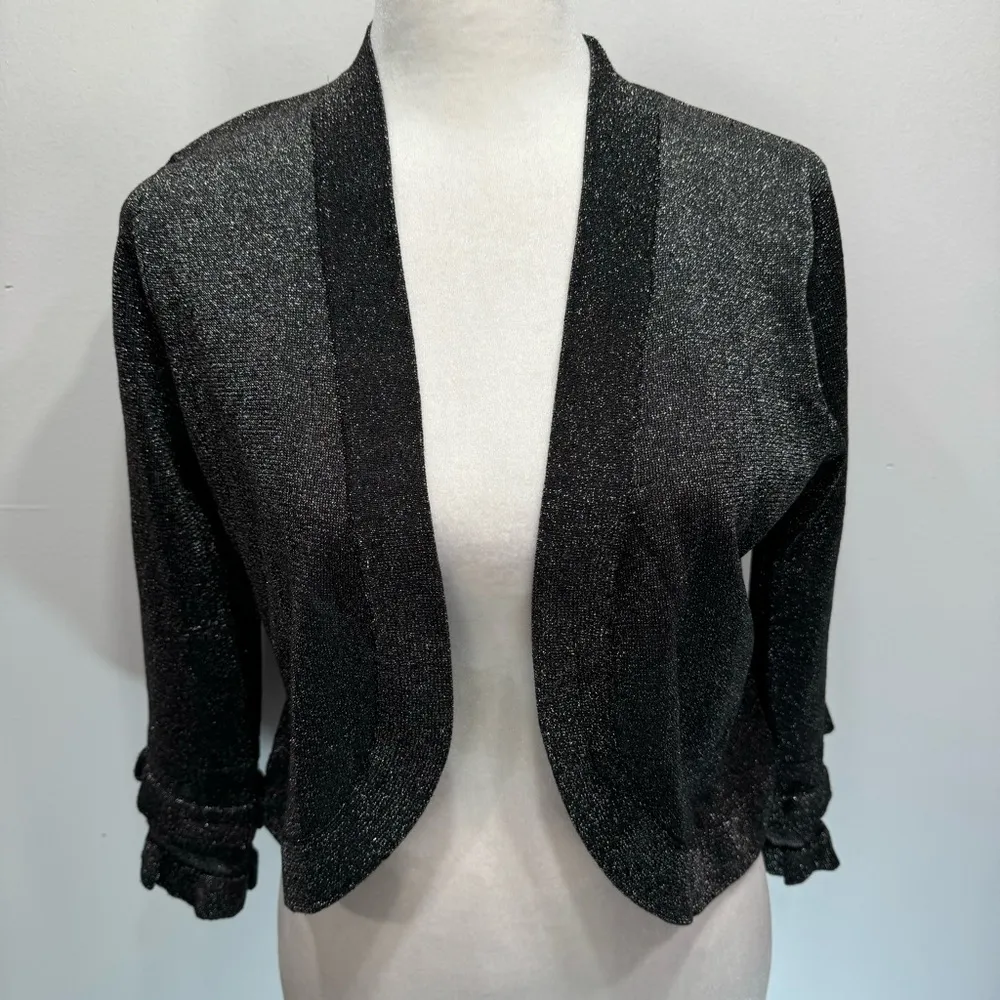August Silk Black & Silver Metallic Open Front 3/4 Ruffle Sleeve Bolero Shrug S - Image 3