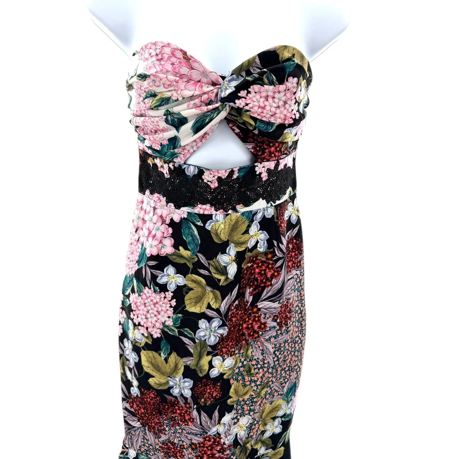 Keepsake Floral Print Strapless Sweetheart Neckline Cutout Midi Dress Size S Black - Image 8