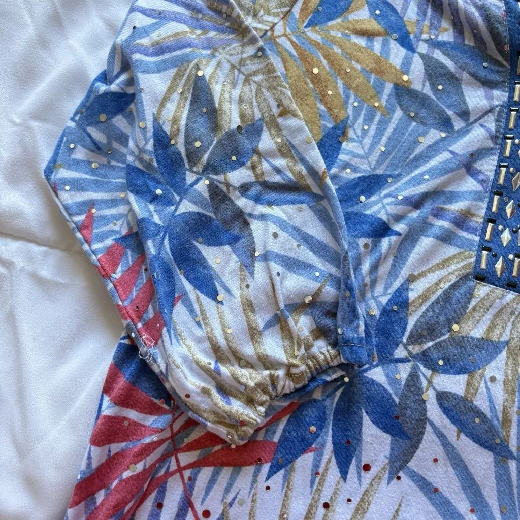 Cathy Daniels CD Womens Size Small Blue Studded Jeweled Blouse 3/4 Sleeve V Neck - Image 3