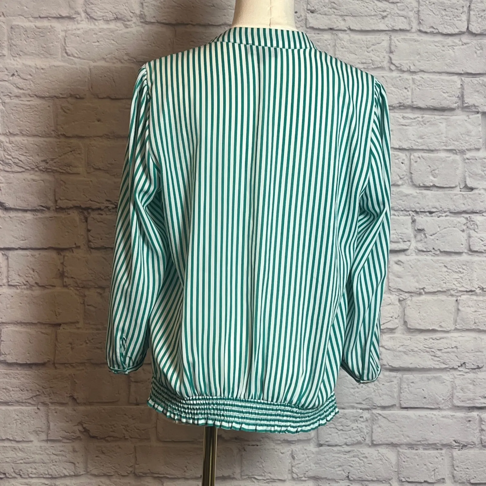 The Limited Green & White Striped Tie-Neck Blouse Size M - Image 2