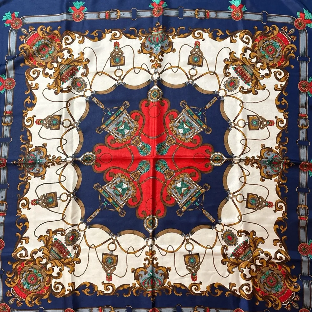 Ornate Scarf Jewel Tones Crown Chain Crest Square Polyester Vintage 35in - Image 4