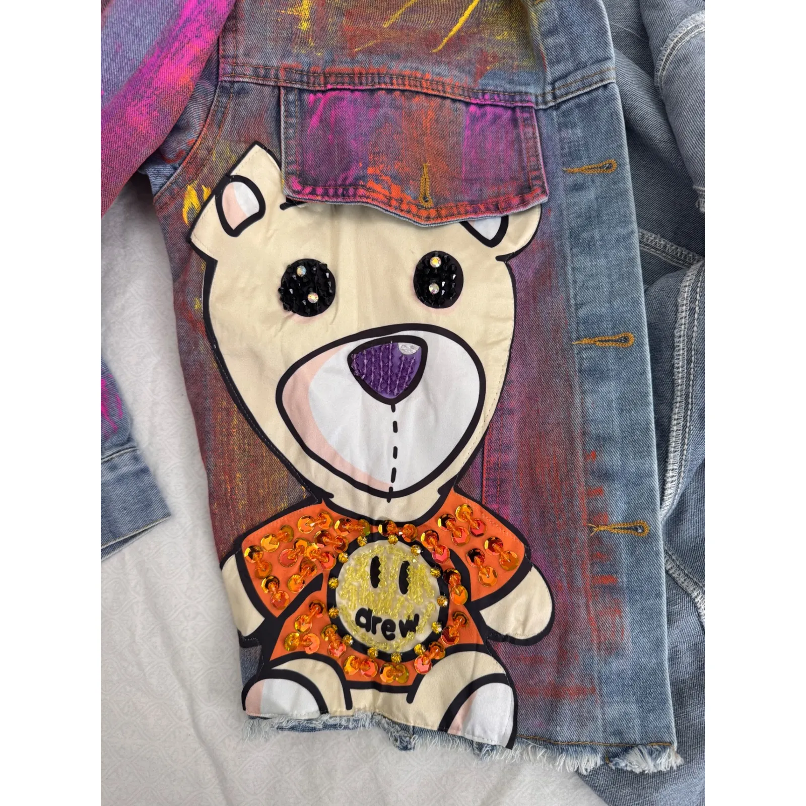 Denim Jacket Colorful Painted Teddy Bear Smiley Face Oversized L/XL Blue Size L - Image 6