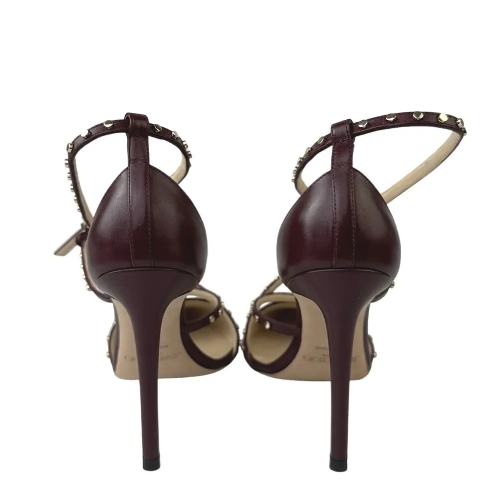 Jimmy Choo Tiff Burgundy Leather Studded Ankle Strap Stiletto Heels Sandals 5 - Image 4