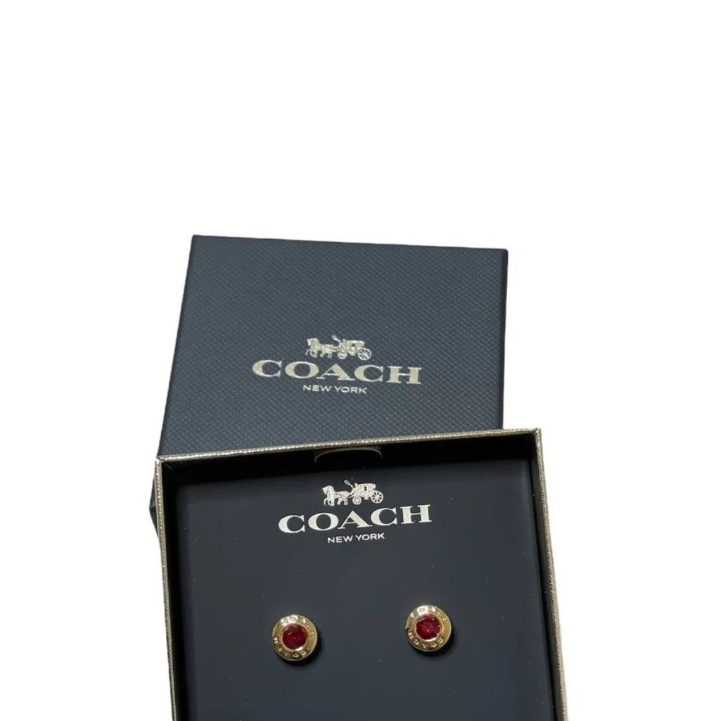 Coach Open circle Red Stone Gold Stud Pieced Earring In Logo w/ Gift Box - Image 8