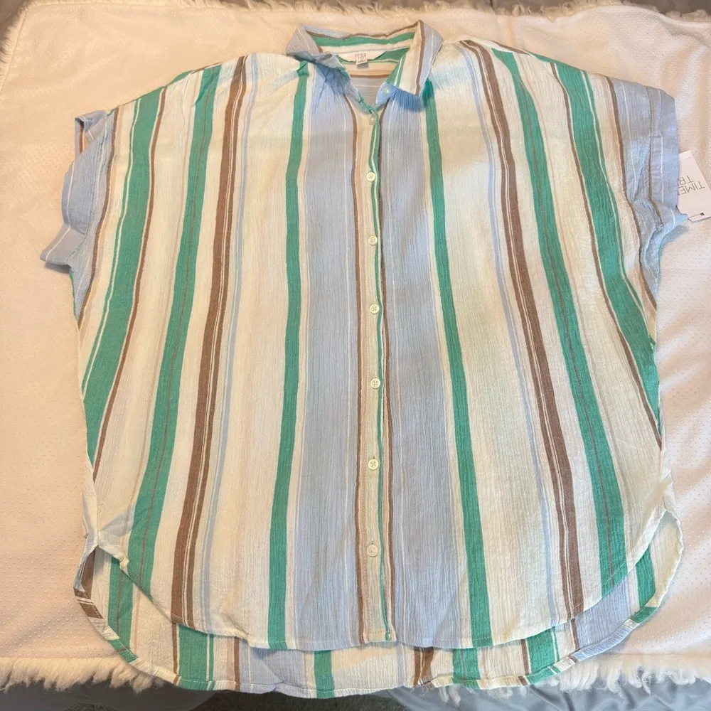 Time & Tru Striped Gauzy Cotton Shirt Women’s Sz Medium Oversized Relaxed Casual - Image 10
