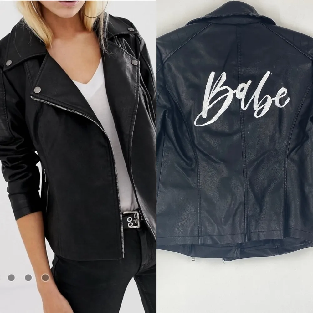 NOISY MAY Black Faux Leather Biker Moto Jacket Customized Babe on Back Small S - Image 2