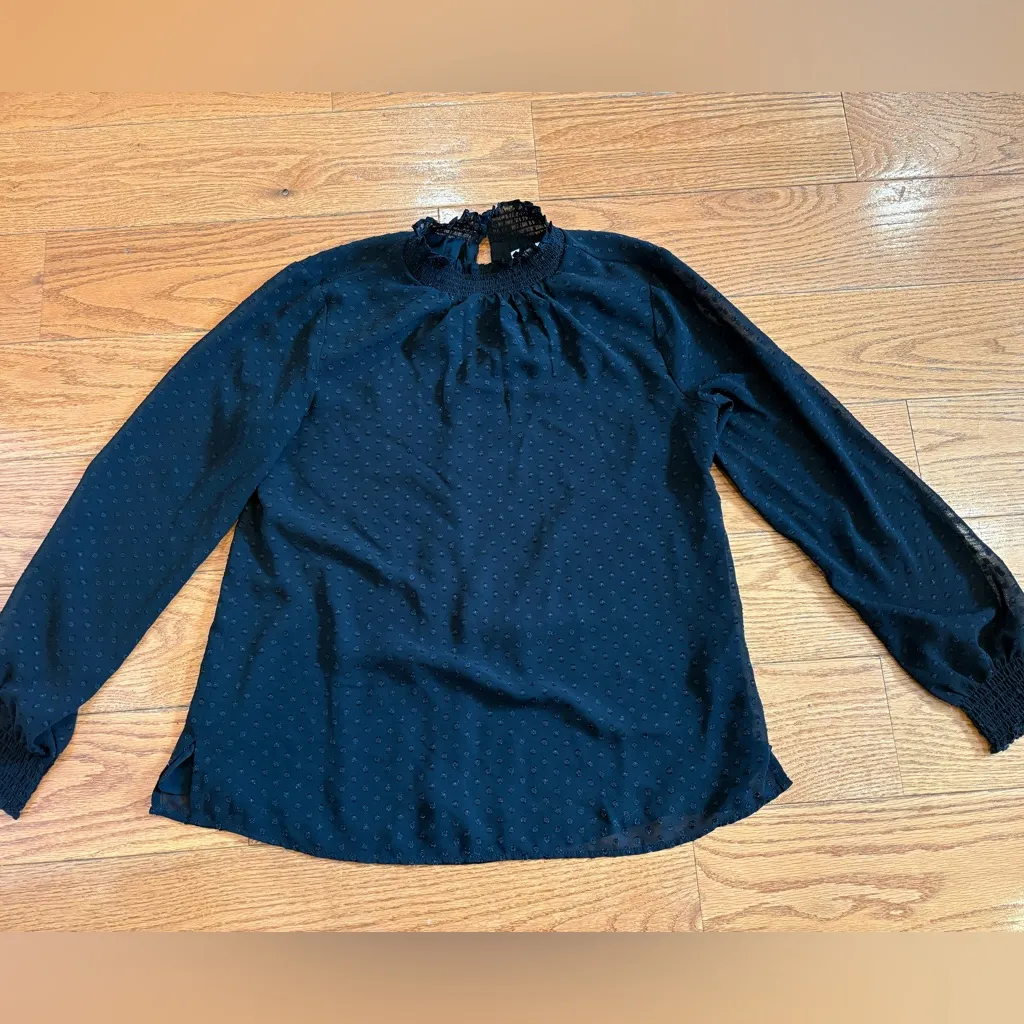 DR2 Black Swiss Dot Sheer Blouse Feminine Flowy Witchy Romantic Long Sleeve Top - Image 3