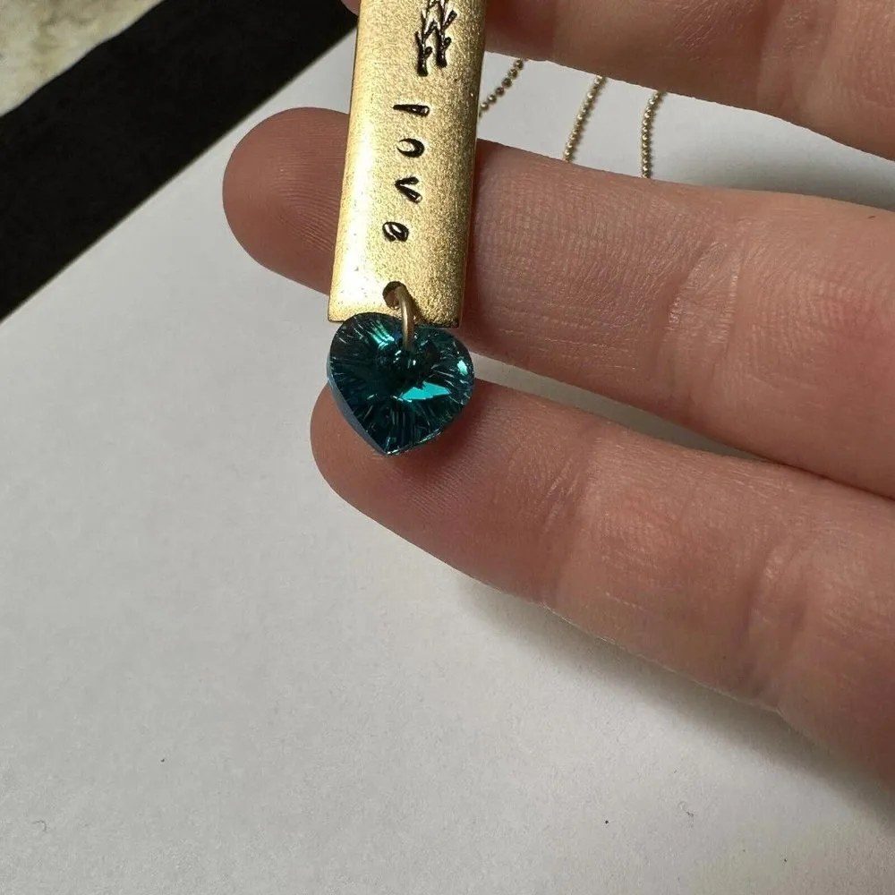 Gold Tone Chain Necklace With stamped Love Charm And Blue Crystal Heart 36 Inch - Image 5