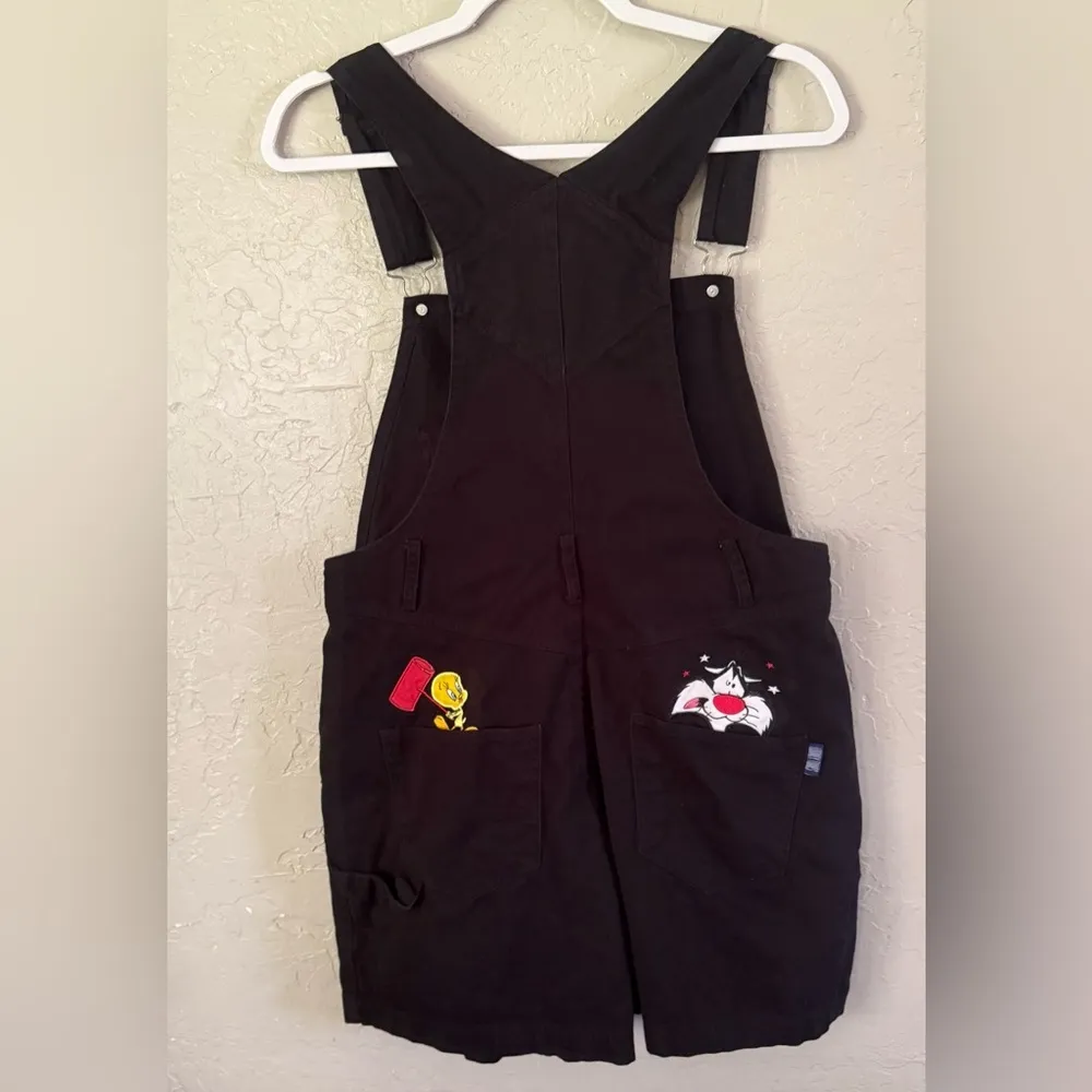 VTG Looney Tunes M Tweety Bird Sylvester Black Overalls Bib Shorts Romper READ D Size M - Image 6
