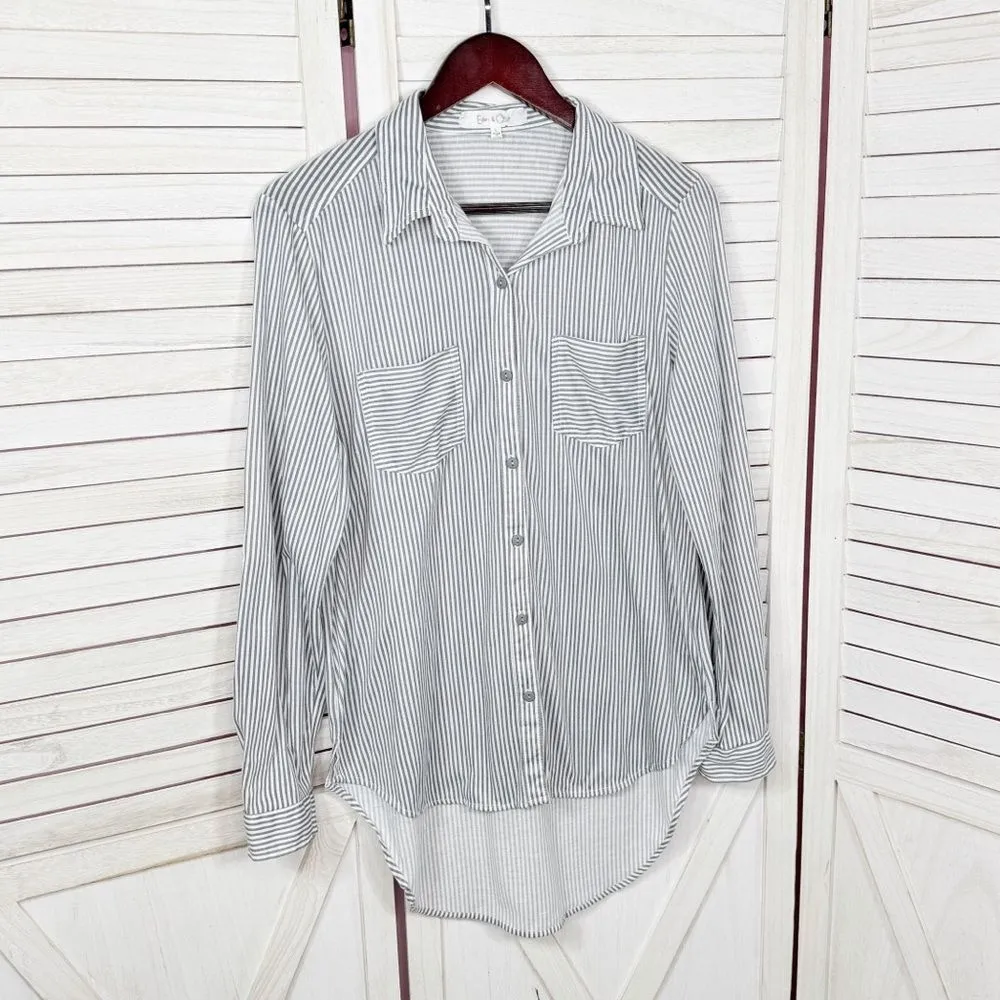 Eden & Olivia Striped Knit Button Up Long Sleeve Shirt Grey White Large - Image 7