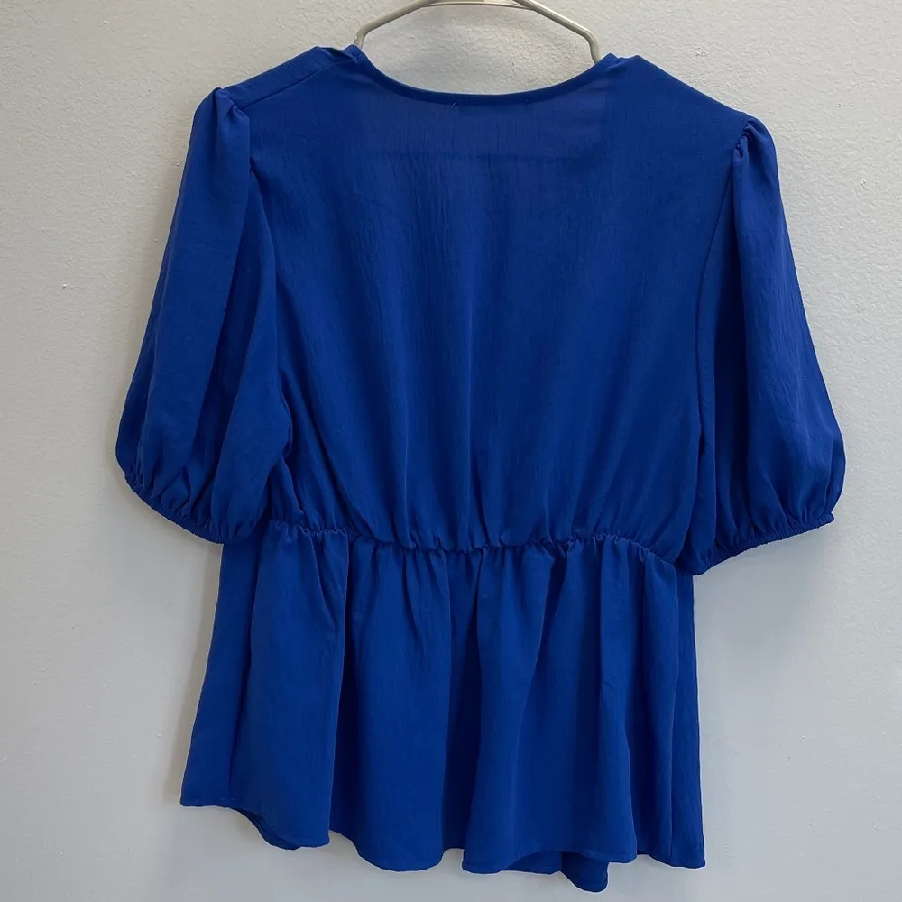 Magnolia Plunge Neck Royal Blue Peplum Blouse - Image 2
