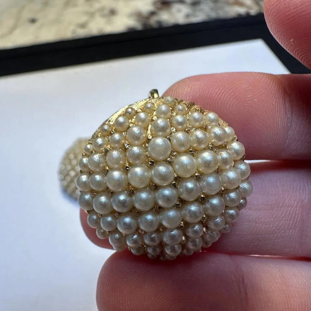 Vintage Crown Trifari Gold Tone Faux Pearl Clip On Earrings Missing Pearls - Image 4