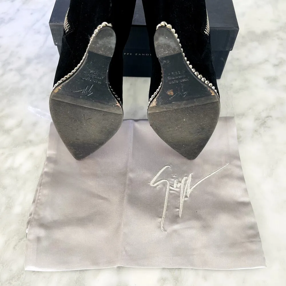 Giuseppe Zanotti Wedge Point Toe Ankle Boot Black Suede 39.5 Chain Detail w/box - Image 8