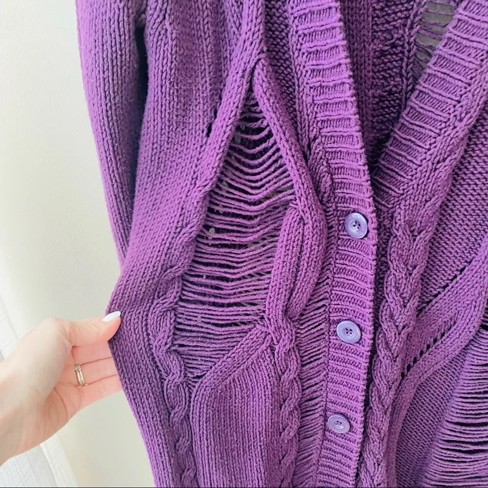 Silver Distressed Long Sleeve Knit Button Cadigan Purple Sz XS - Image 4