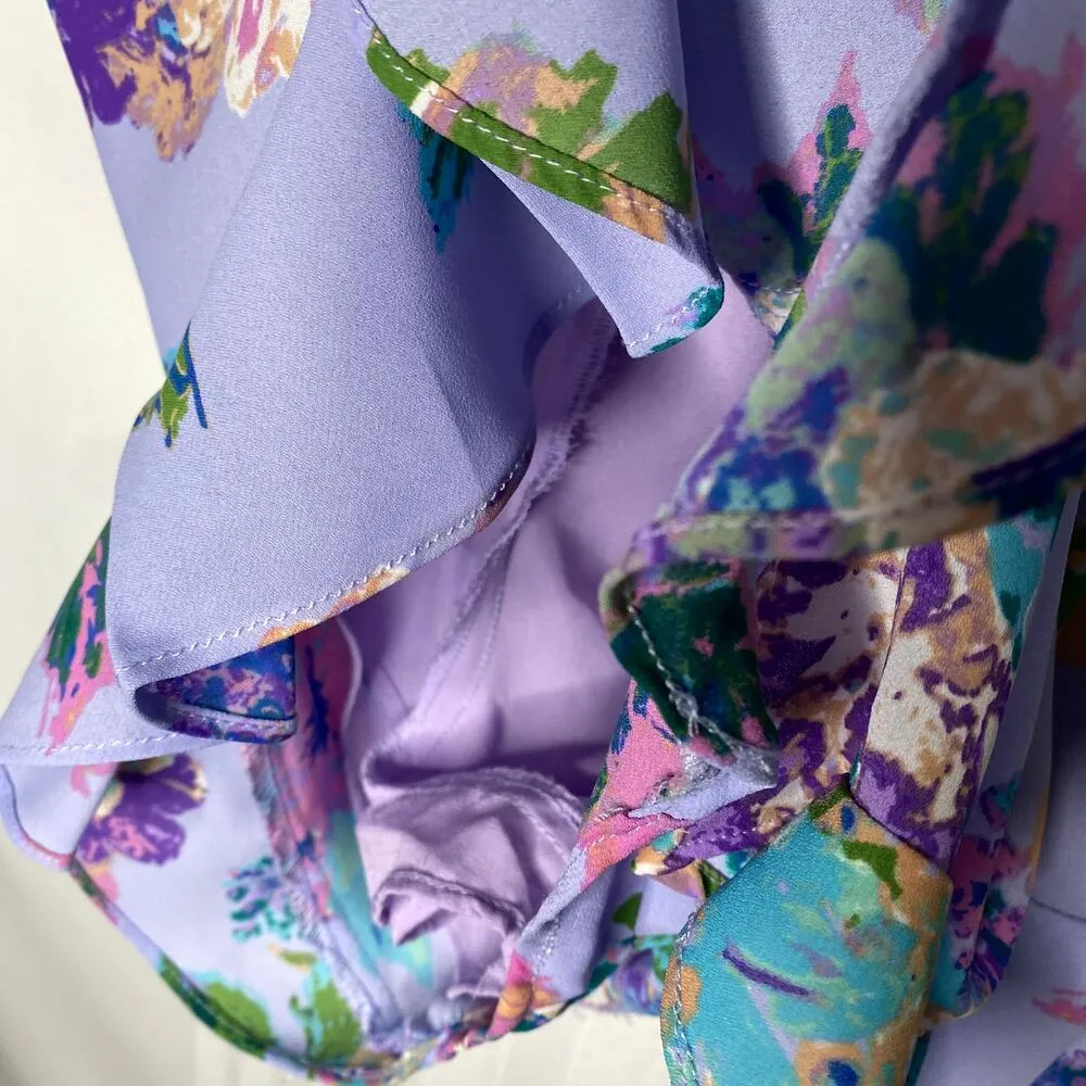 everly Floral Pleated 3/4 Sleeve V-Neck Ruffle Romper Medium Purple Lightweight - Image 10