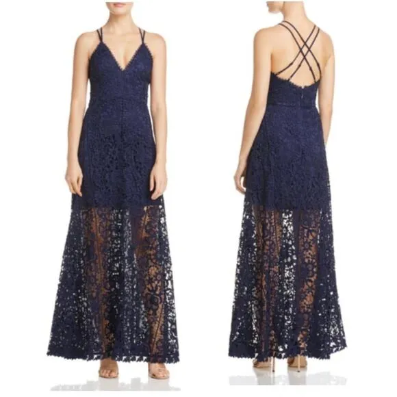 Aqua Navy Lace Sheer High-Low A-Line Maxi Dress Gown Womens XS - Image 2