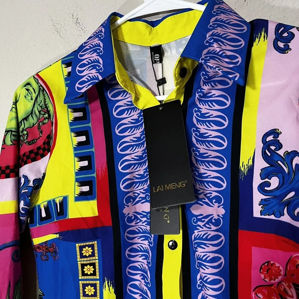 NEW LAI MENG Five Cats Colorful Shirt Art to Wear Modern button up Top NWT sz S - Image 3